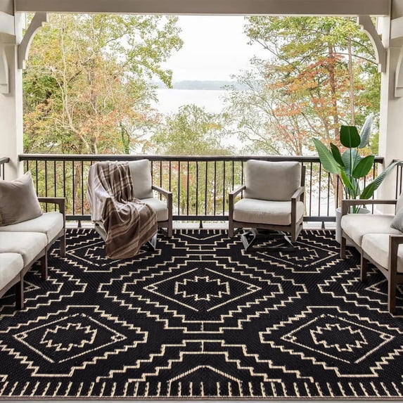 Lahome Waterproof Outdoor Rug 8x10, Large Reversible Plastic Straw Mat - Indoor/Outdoor Use for Patio Deck Balcony Garden Camping, Lightweight & Portable, Black & Beige