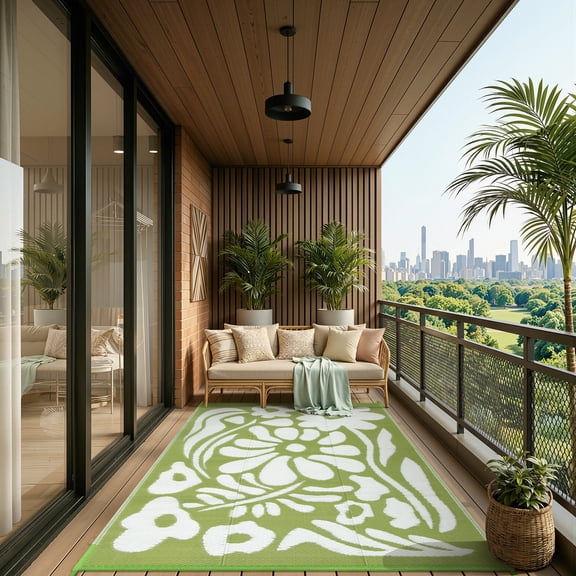 Lahome Waterproof & Reversible Outdoor Rug 4'x6', Green Abstract Floral RV Camping Mat - Portable Plastic Straw Picnic Carpet for Garden Beach Deck Balcony (Green, 4'x6')