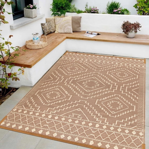 Lahome Waterproof & Reversible Outdoor Rug 5x8, Portable Plastic Straw Mat for Patio, Deck, Balcony, Picnic, RV Camping - Indoor/Outdoor Use, Beige & Brown