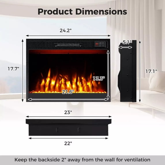 Laicejoy 36 Inches Electric Fireplace, 5,000 BTU Fireplace Insert with LED Light Strips, Remote, Crystal Stones & Adjustable Flame Effect, Thermostat & Overheat Protection