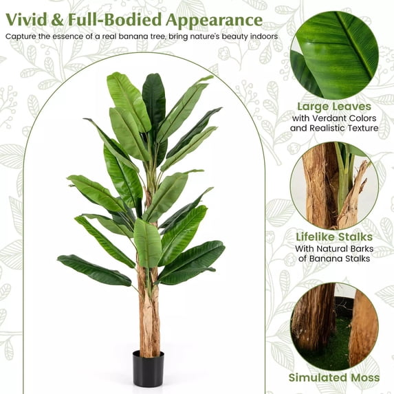 Laicejoy 6.5 FT Tall Artificial Banana Tree w/ 27 Large Leaves Triple Stalks Natural Bark
