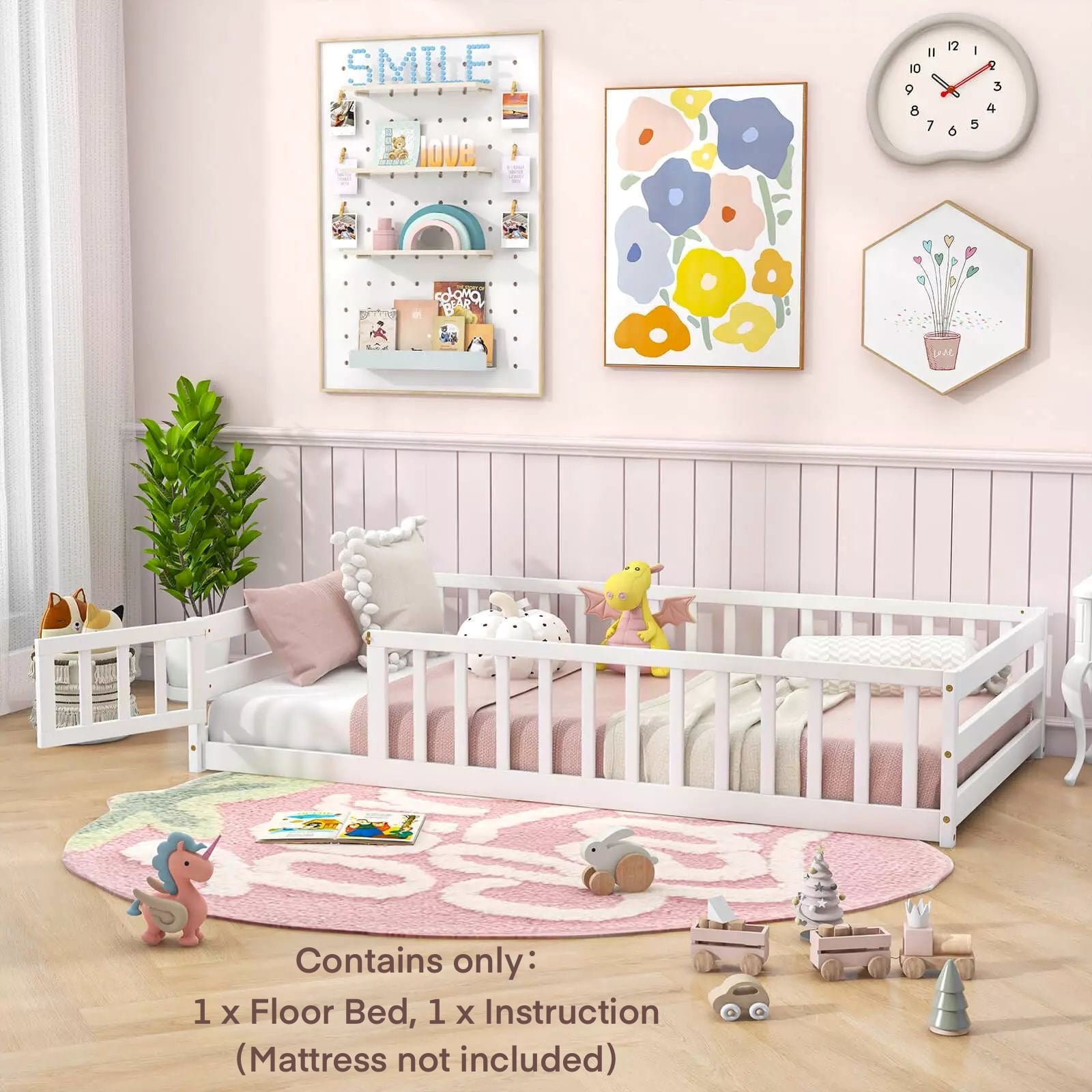 DORTALA Twin Montessori Floor Bed With Fence & Door - Solid Wood Low Bed Frame For Kids, Safety Guardrails
