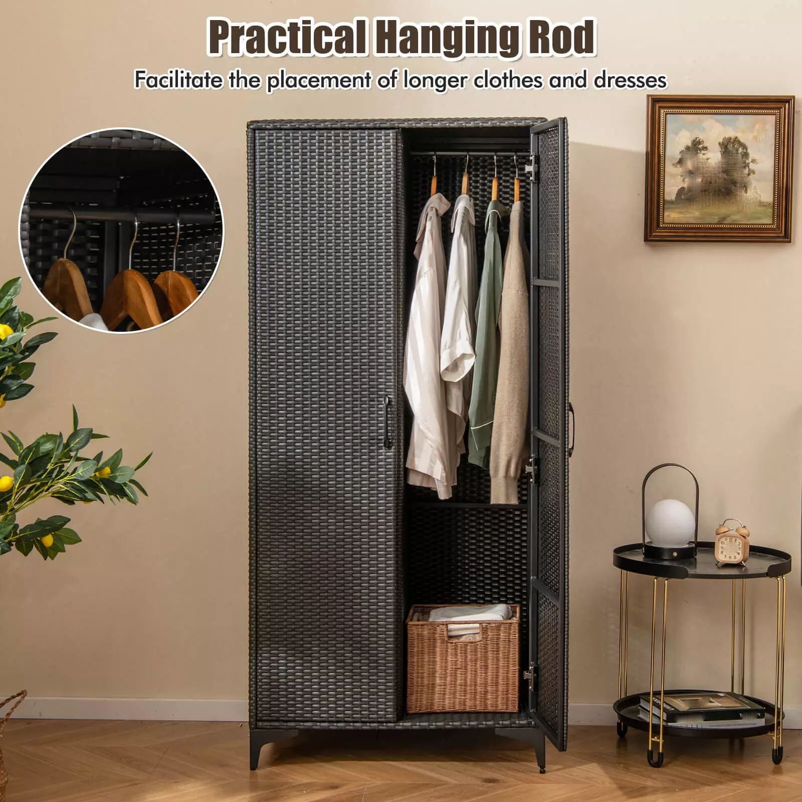 Laicejoy Wicker Wardrobe with 2 Doors Storage Cabinet for Home 62 PE Rattan Wardrobe Armoire Closet w Hanging Rod 4 Storage Cubes Clothes