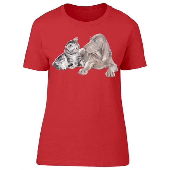Laid Down Weimaraner And Cat T-Shirt Women -Image by Shutterstock, Female Medium