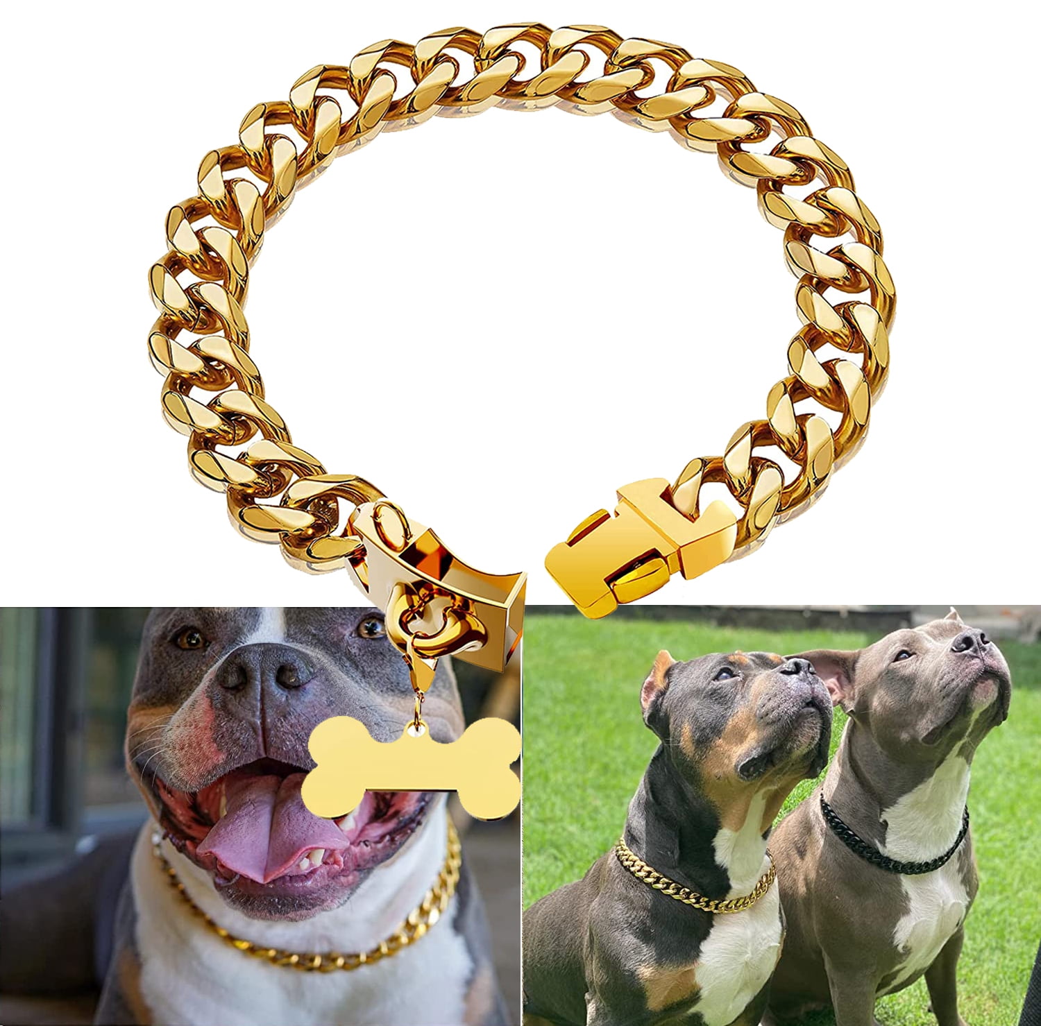  New Gold Chain Dog Collar with Bling Cubic Zirconia Secure  Clasp,15MM Strong Stainless Steel Cuban Link Chain Collars,Luxury Necklace  Walking Collar for Small Medium Dogs : Pet Supplies