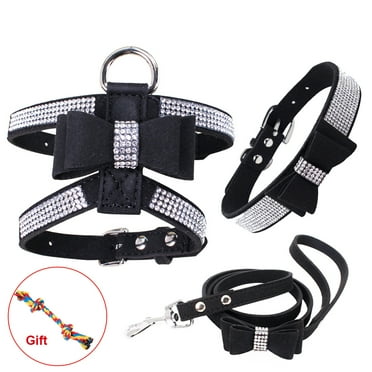 Laidan-3PCS Dog Harness Strap Lead Bling Rhinestone Dog Necklace Leather Bow-knot Collar