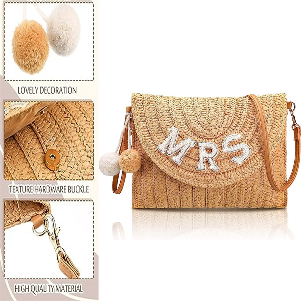 Laidan Ladies Shoulder Bag Bride Straw Mrs Wifey Bridal Party Honeymoon Gift for Girlfriend Wedding Bag Khaki WIFEY Adult Unisex Size 20 27 4CM