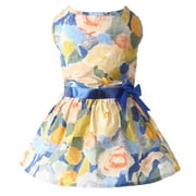 Laifug Blue and Yellow Print Fancy Dog Dress, Princess Dog Dress with Bow Decor, Birthday Dog Clothes for Small Dogs Girl, Dog Outfits for Wedding Holloween Christmas, Cat Attire,Medium