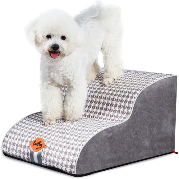 Laifug Curved Dog Stairs for Small Dogs, 2-Step Pet Stairs for High Beds and Couch, Non-Slip Balanced Dog Indoor Step with High Density Foam, Houndstooth Double Layer Dog Staircase