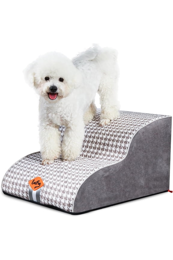 Curved Dog Stairs for Small Dogs, 2-Step Pet Stairs for High Beds and Couch, Non-Slip Balanced Dog Indoor Step with High Density Foam, Houndstooth Double Layer Dog Staircase