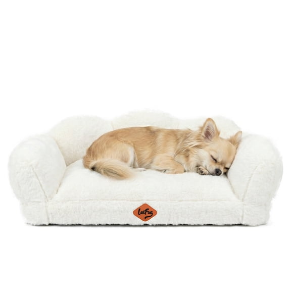 Laifug Cute Dog Beds for Small/Medium Dogs/Cats, Washable Dog Sofa Faux Rabbit Fur Pet Bed, Supportive Dog Couch with Removable Zipper Cover for Indoor Cats/Dog, 25 x 16.5 x8inches, Off White