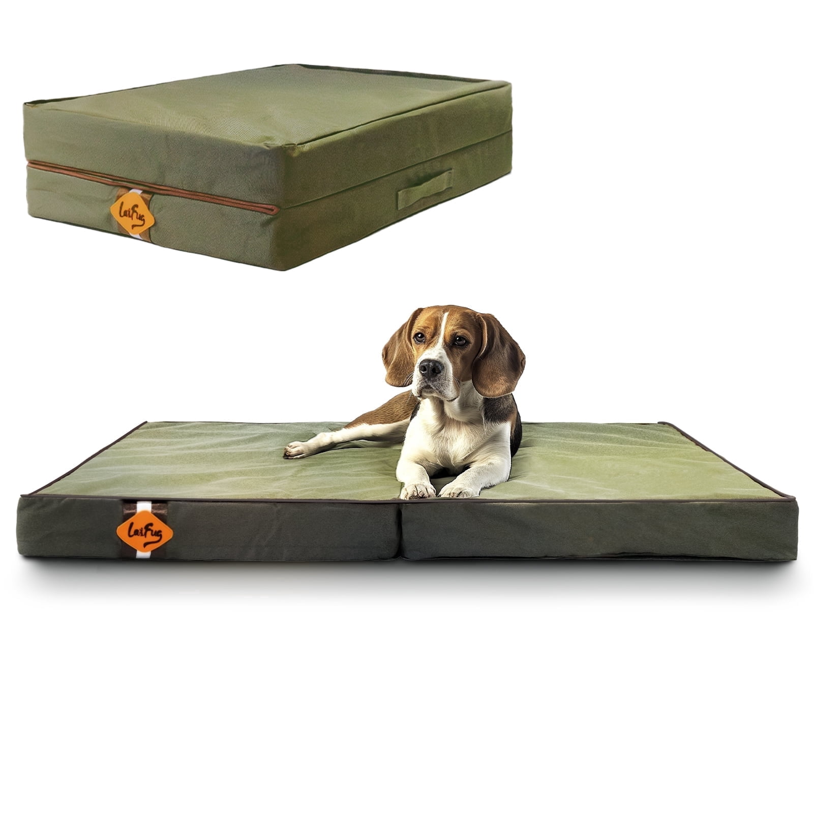 Laifug Foldable Waterproof Dog Bed for Large Dogs - With Washable Removable Cover, Pet Mattress with Handles, Army Green, (36 x 27 x 3.5, inches)