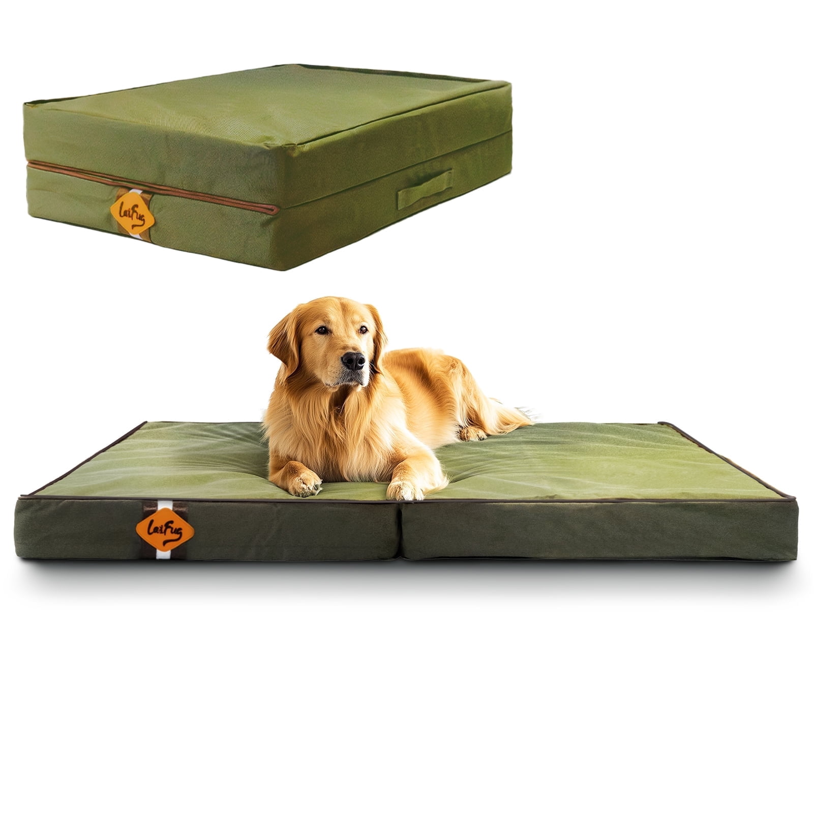 Laifug Foldable Waterproof Dog Bed for Large Dogs - Outdoor Orthopedic Dog Bed with Washable Removable Cover, Pet Mattress with Handles, Army Green, (44 x 32 x 3.5, inches)