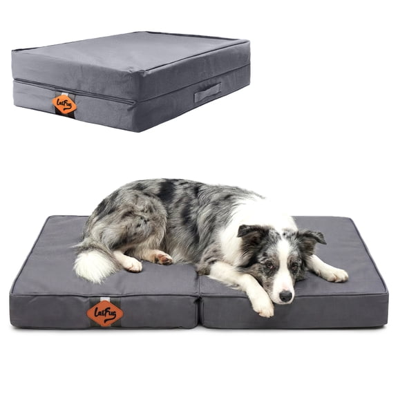 Laifug Foldable Waterproof Dog Bed for Large Dogs - Outdoor Orthopedic Dog Bed with Washable Removable Cover, Pet Mattress with Handles, Elephant Grey, (36 x 27 x 3.5, inches)