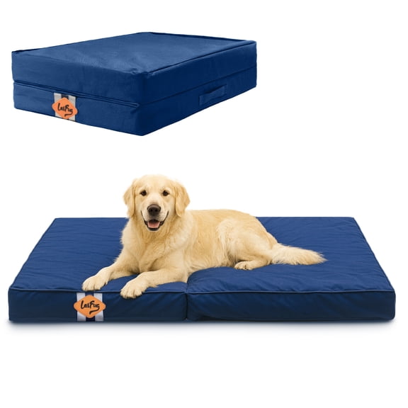 Laifug Foldable Waterproof Dog Bed for Large Dogs - Outdoor Orthopedic Dog Bed with Washable Removable Cover, Pet Mattress with Handles,Navy Blue, (36 x 27 x 3.5, inches)