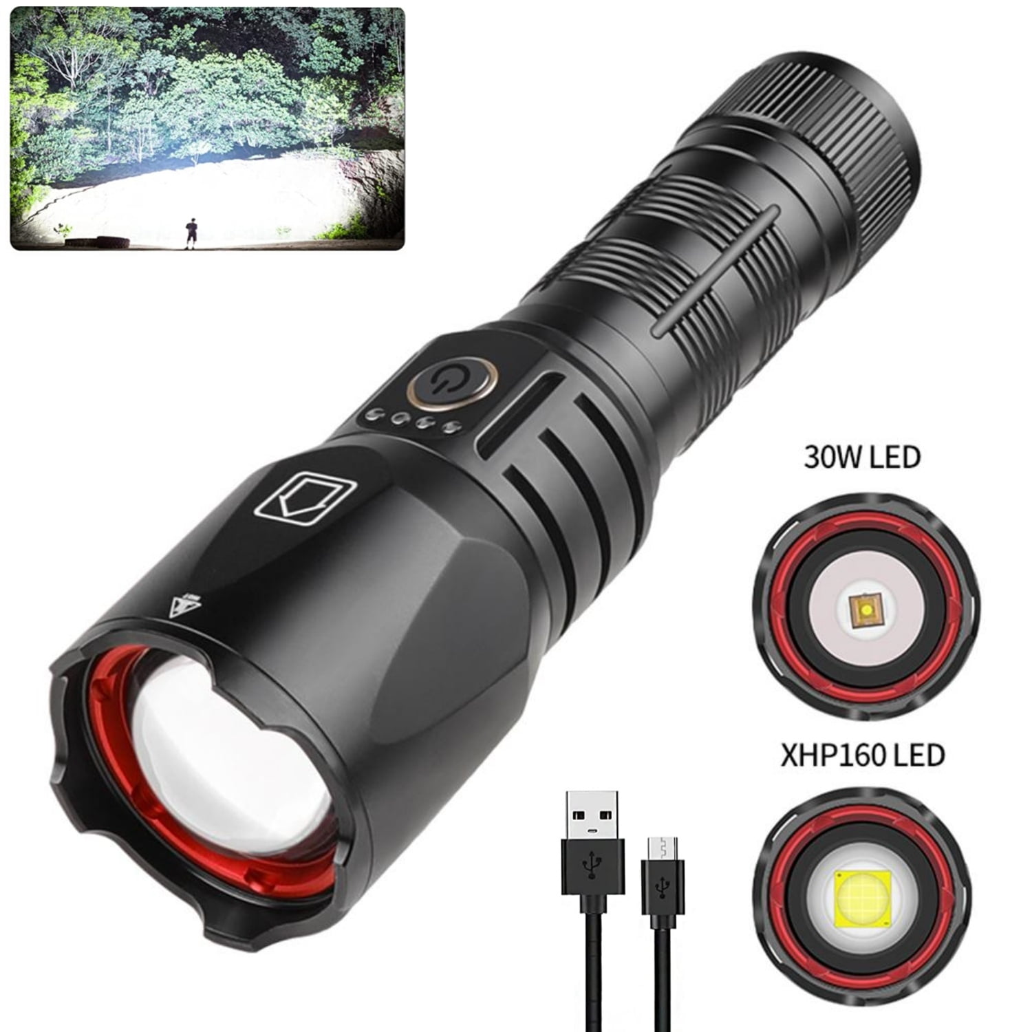High-power 300W 3000m Shot LED Rechargeable Flashlight Lamp XHP160 Beads  Portable Torch 5 Lighting Modes Zoomable Camping Light