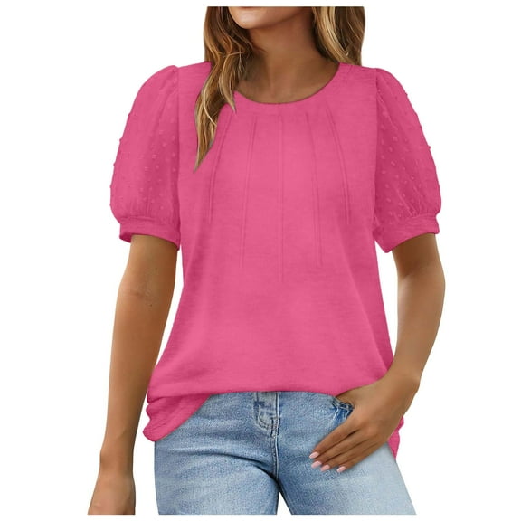 Laiiidd Ladies Tops Women's Casual Round Neck Basic Dot Puff Sleeve Tops Short Sleeve Loose Fit Curved Blouses Tshirts(Hot Pink,XL)
