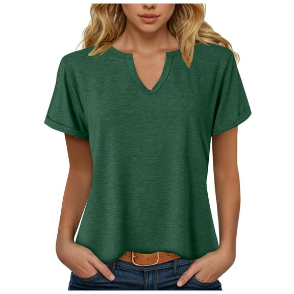 Laiiidd Summer Blouses for Women Women's Short Sleeve V-Neck Shirts Loose Casual Tee T-Shirt(Dark Green,L)