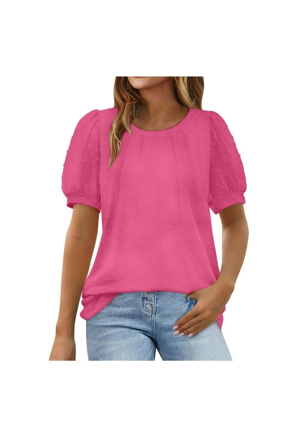 Womens Spring Tops Women's Casual Round Neck Basic Dot Puff Sleeve Tops Short Sleeve Loose Fit Curved Blouses Tshirts(Hot Pink,M)
