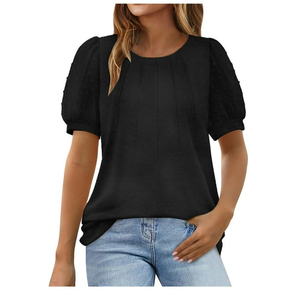 Laiiidd Womens Tunic Tops Women's Casual Round Neck Basic Dot Puff Sleeve Tops Short Sleeve Loose Fit Curved Blouses Tshirts(Black,M)