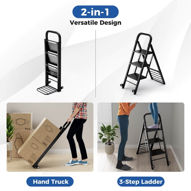 Laijoy 2-In-1 Hand Truck & Ladder, Foldable 3-Step Ladder w/ Non-slip ...