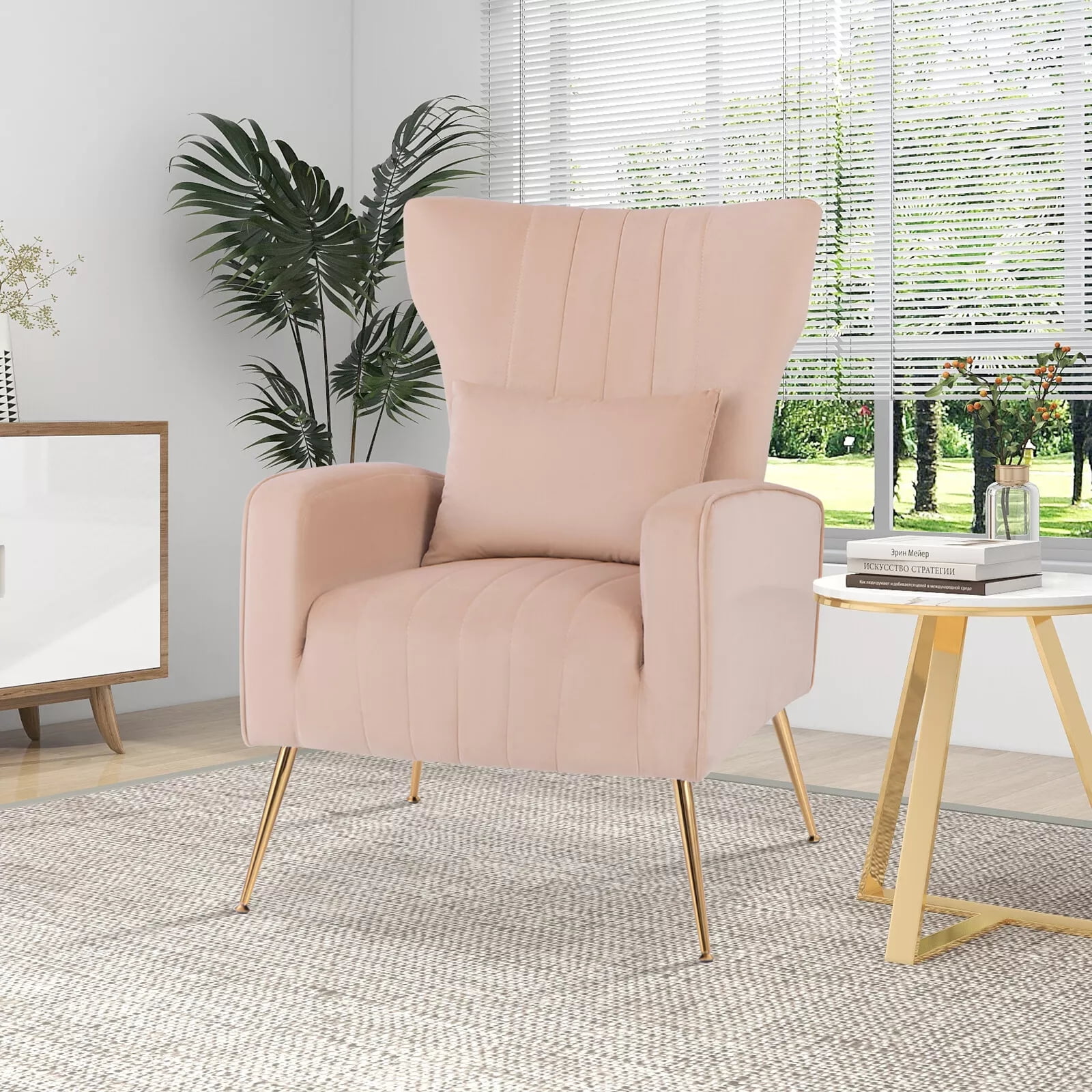 Pink Velvet Wingback Accent Chair with Gold Metal Legs