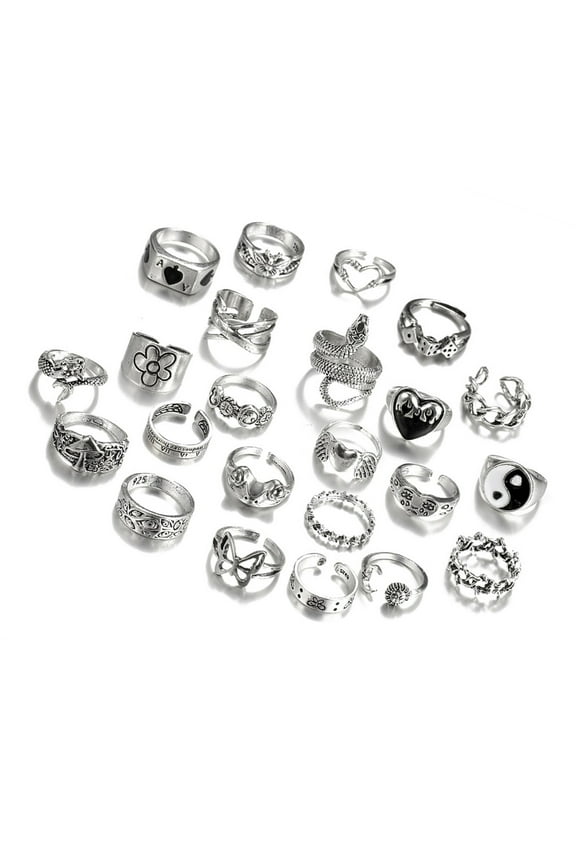 24pcs Gothic Rings Set for Women and Men Silver Punk Grunge Vintage Jewelry with Heart Snake Flower Designs
