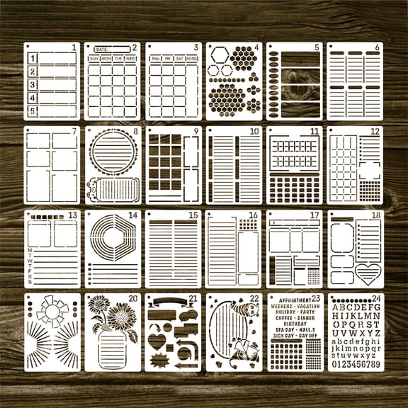 24Pcs Practical Journal Stencils Washable Drawing Template for Time Saving Planner for Notebook Diary Scrapbook 5x7