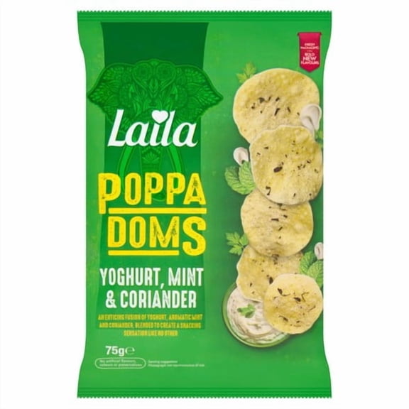 Laila Mini Poppadoms Yoghurt Mint & Coriander 75g, British Import (Pack of 6)