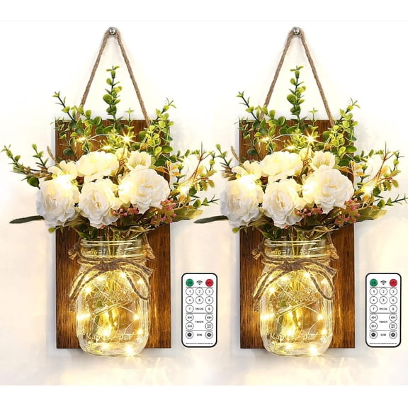 Laimis Mason Jar Wall Sconce with Flower Wood Decoration LED Fairy Lights for Rustic Home Wall, 2 Pack