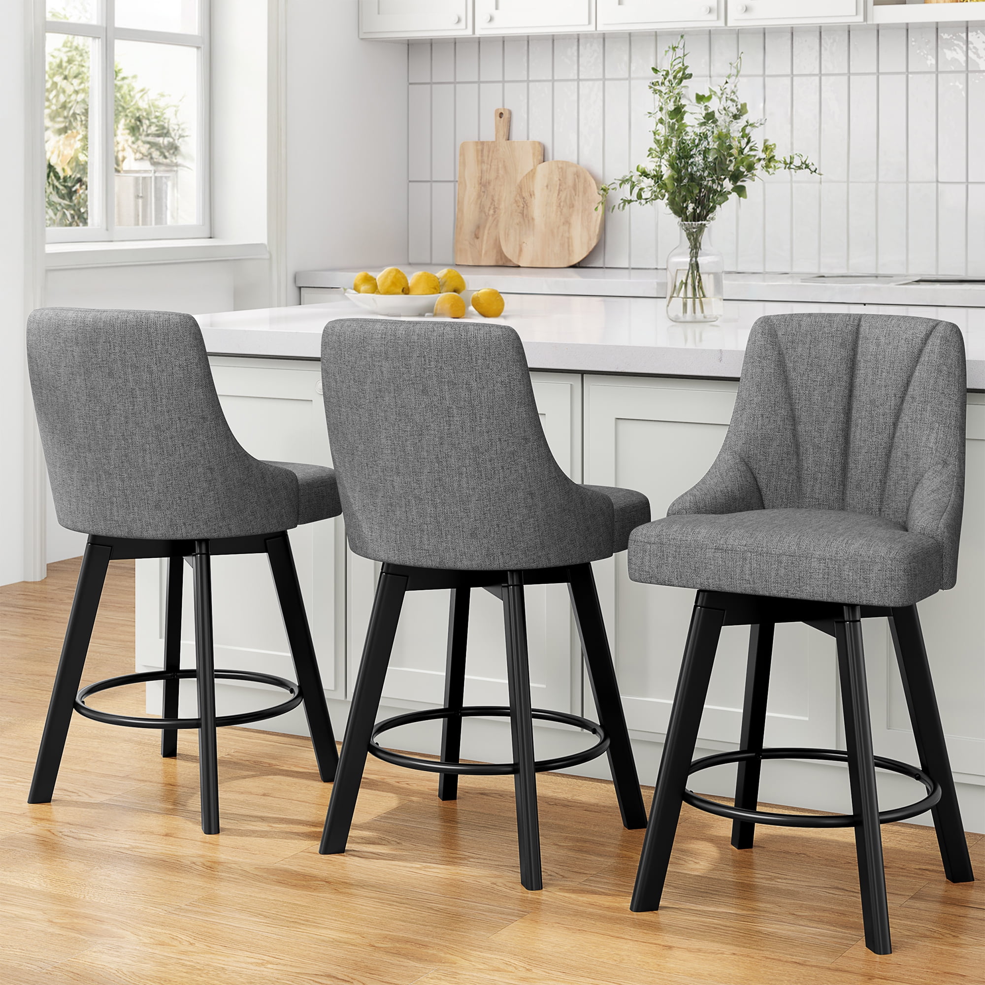 LainTene 24" Counter Height Swivel Bar Stools Set of 3, Fabric Upholstered Counter Barstools with Solid Wood Legs and Backs for Kitchen Island, Home Bar