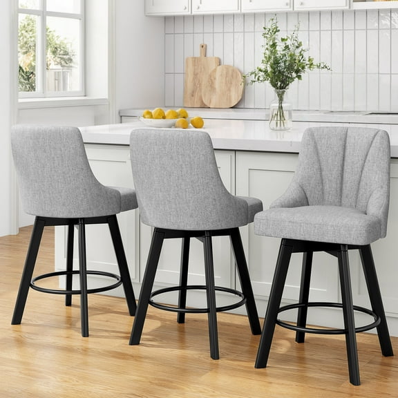 LainTene 24" Counter Height Swivel Bar Stools Set of 3, Fabric Upholstered Counter Barstools with Solid Wood Legs and Backs for Kitchen Island, Home Bar