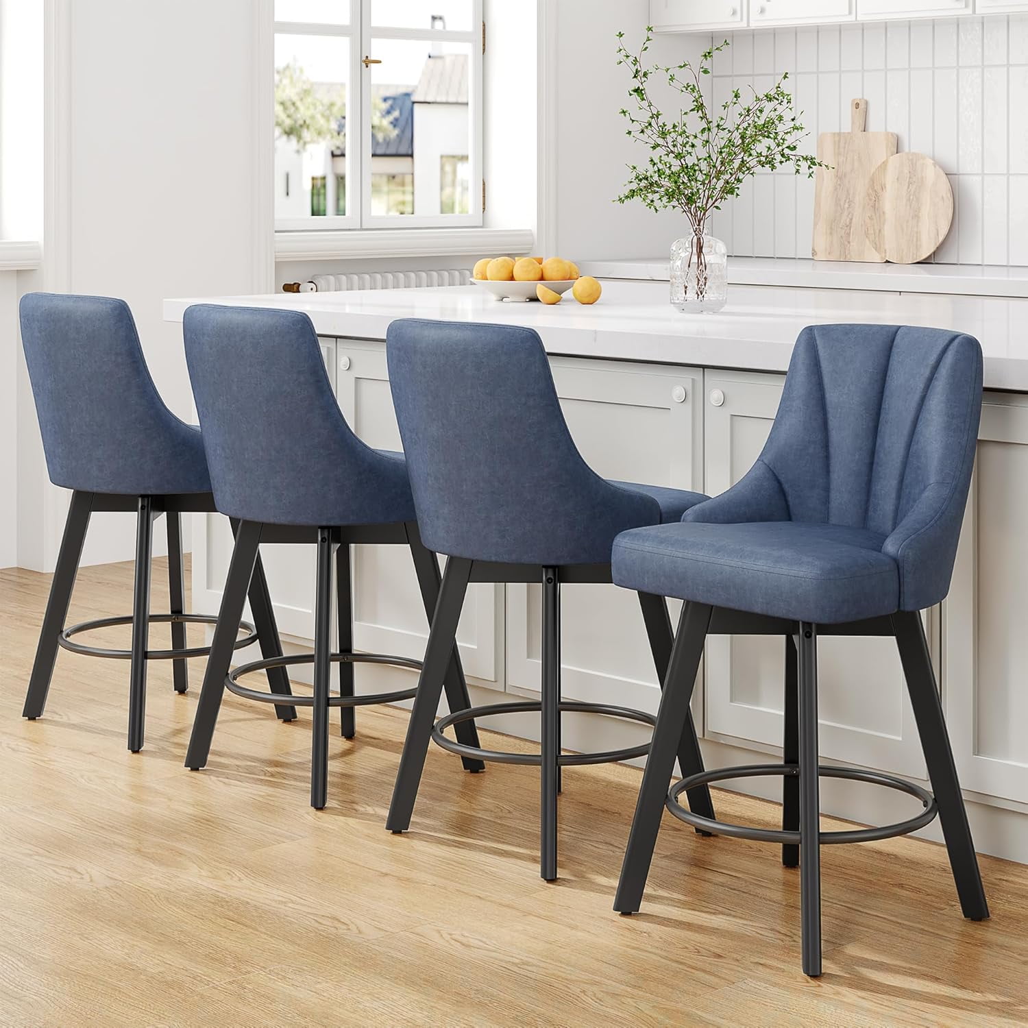 LainTene 24" Counter Height Swivel Bar Stools Set of 4, PU Leather Upholstered Counter Barstools with Solid Wood Legs and Backs for Kitchen Island, Home Bar