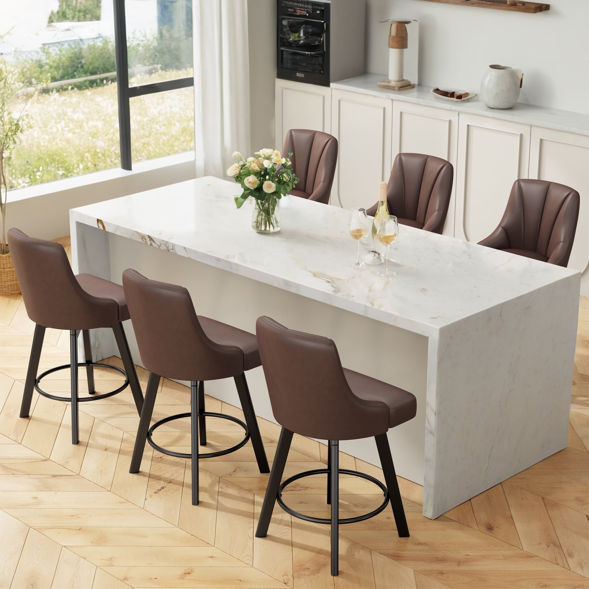 LainTene 24" Counter Height Swivel Bar Stools Set of 6, PU Leather Upholstered Counter Barstools with Solid Wood Legs and Backs for Kitchen Island, Home Bar
