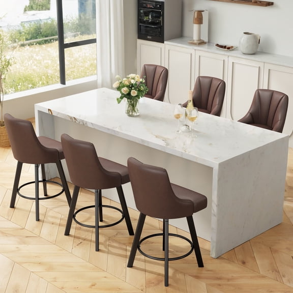 LainTene 24" Counter Height Swivel Bar Stools Set of 6, PU Leather Upholstered Counter Barstools with Solid Wood Legs and Backs for Kitchen Island, Home Bar