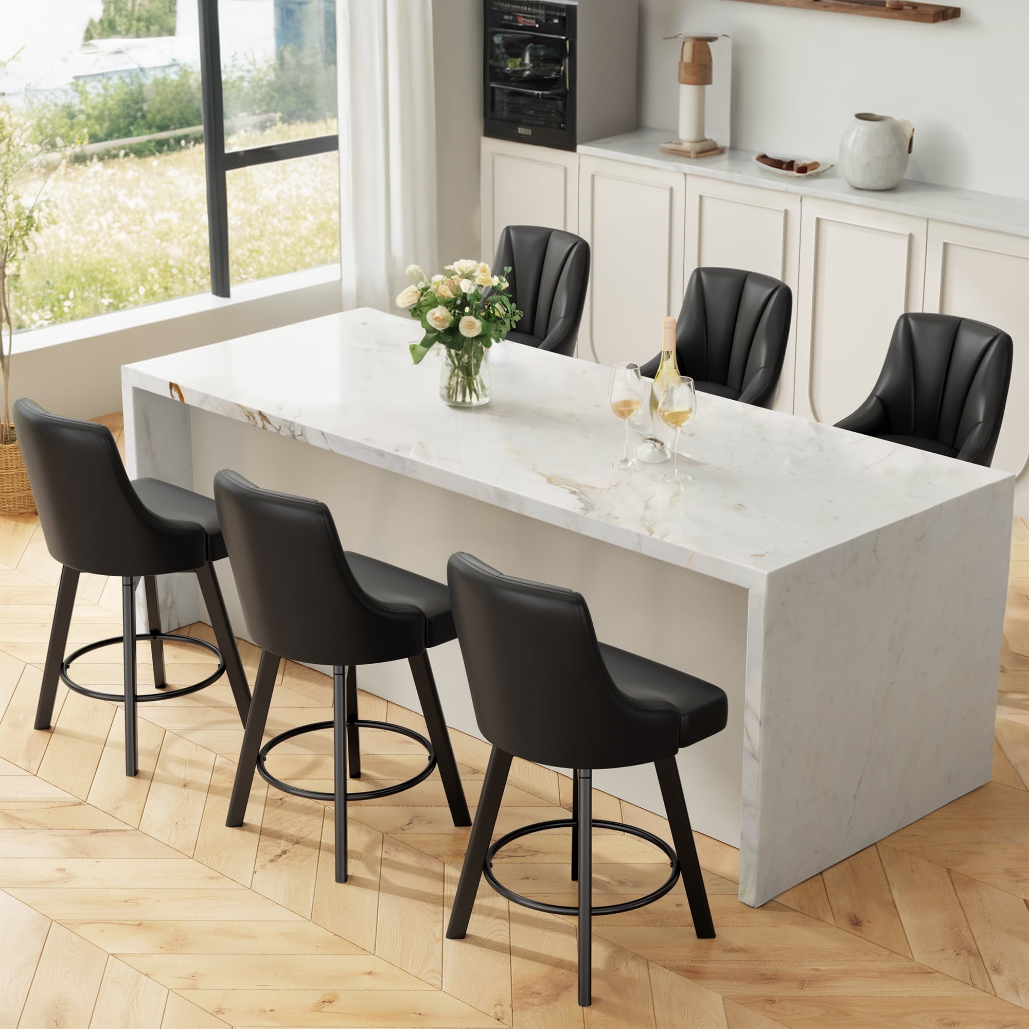 LainTene 24" Counter Height Swivel Bar Stools Set of 6, PU Leather Upholstered Counter Barstools with Solid Wood Legs and Backs for Kitchen Island, Home Bar