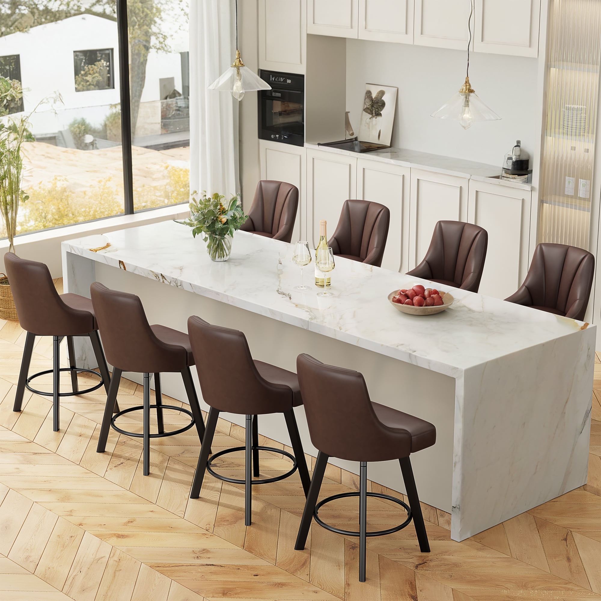 LainTene 24" Counter Height Swivel Bar Stools Set of 8, PU Leather Upholstered Counter Barstools with Solid Wood Legs and Backs for Kitchen Island, Home Bar