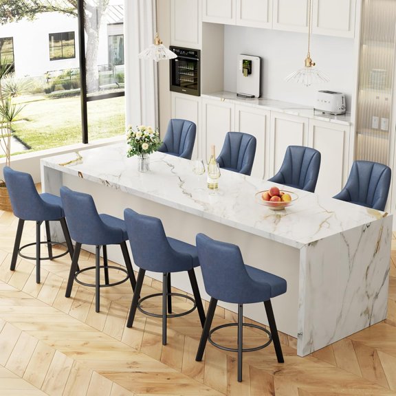 LainTene 24" Counter Height Swivel Bar Stools Set of 8, PU Leather Upholstered Counter Barstools with Solid Wood Legs and Backs for Kitchen Island, Home Bar