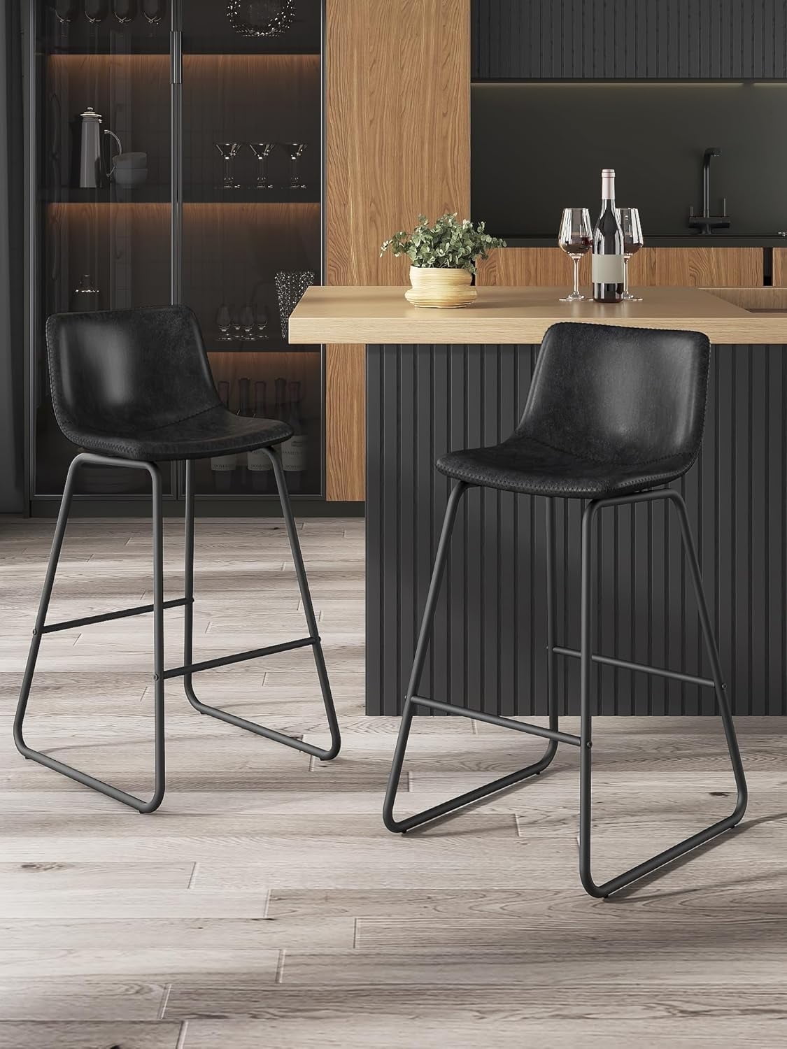 LainTene 26" Bar Stools Set of 2 – Faux Leather Counter Height Stools with Backrest & Footrest, Heavy-Duty Metal Frame for Kitchen, Bar, Living Room, Black