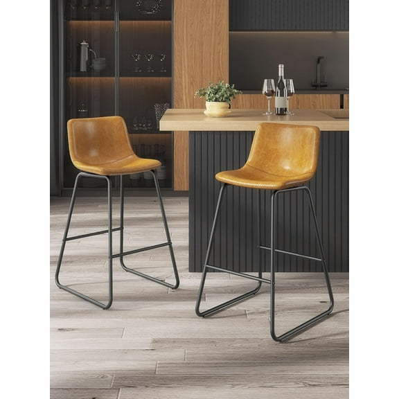 LainTene 26" Bar Stools Set of 2 – Faux Leather Counter Height Stools with Backrest & Footrest, Heavy-Duty Metal Frame for Kitchen, Bar, Living Room, Brown