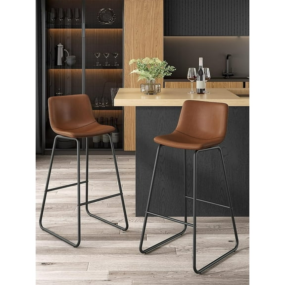 LainTene 26" Bar Stools Set of 2 – Faux Leather Counter Height Stools with Backrest & Footrest, Heavy-Duty Metal Frame for Kitchen, Bar, Living Room, Dark Brown