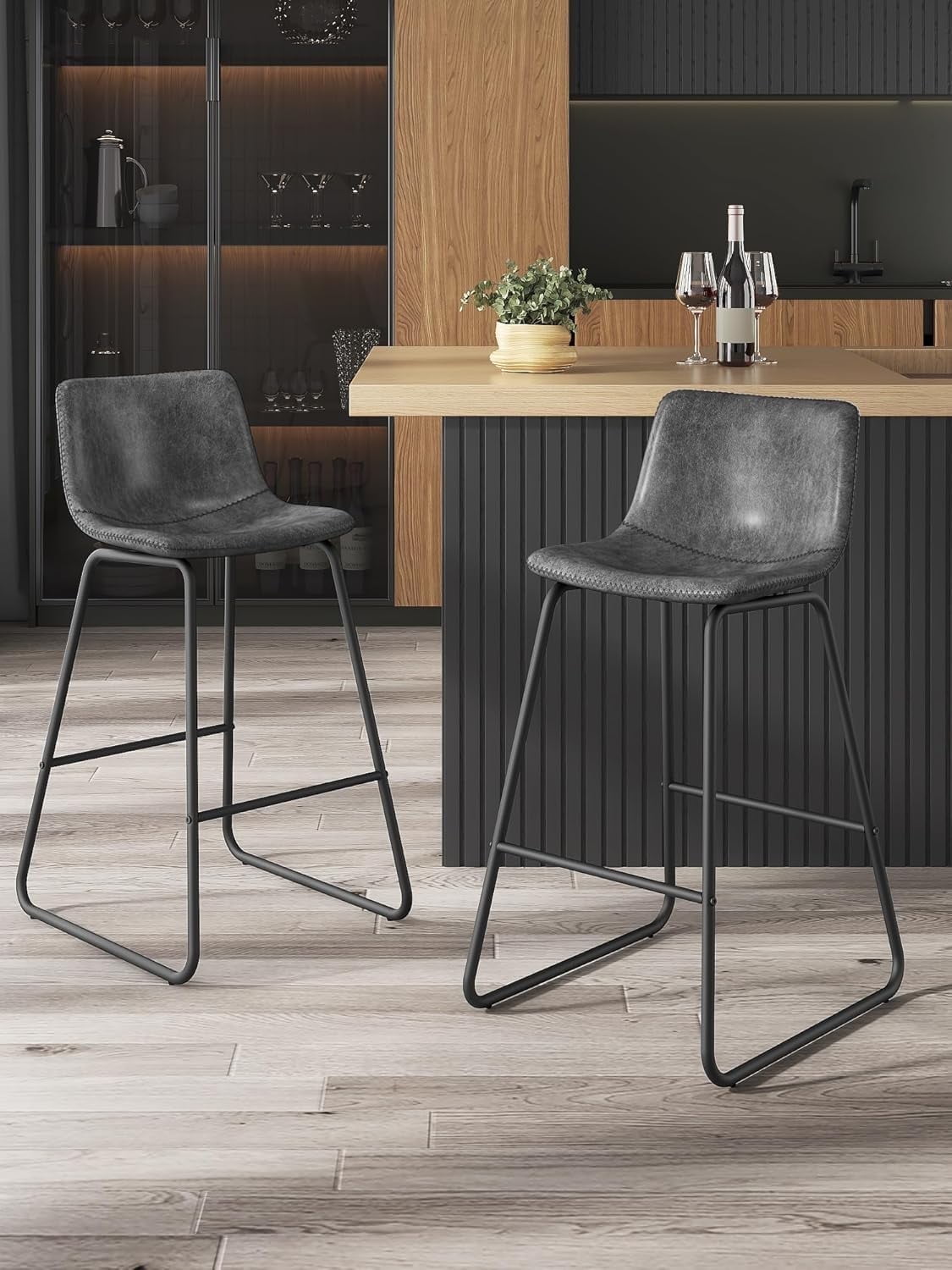 LainTene 26" Bar Stools Set of 2 – Faux Leather Counter Height Stools with Backrest & Footrest, Heavy-Duty Metal Frame for Kitchen, Bar, Living Room, Gray