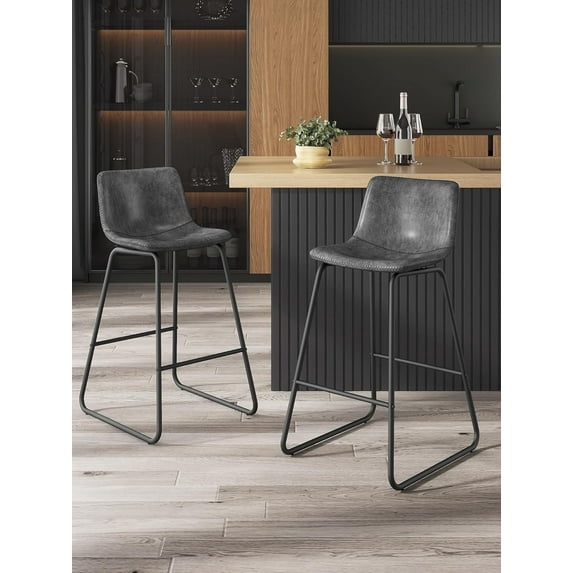 LainTene 26" Bar Stools Set of 2 – Faux Leather Counter Height Stools with Backrest & Footrest, Heavy-Duty Metal Frame for Kitchen, Bar, Living Room, Gray