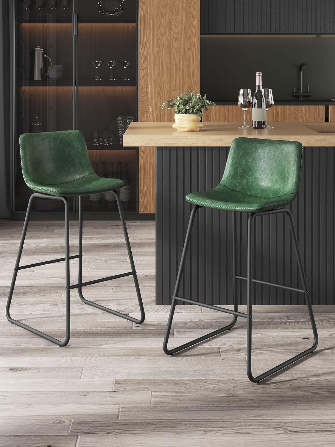 LainTene 26" Bar Stools Set of 2 – Faux Leather Counter Height Stools with Backrest & Footrest, Heavy-Duty Metal Frame for Kitchen, Bar, Living Room, Green