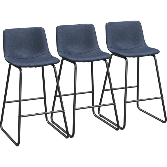 LainTene 26" Bar Stools Set of 3 – Faux Leather Counter Height Stools with Backrest & Footrest, Heavy-Duty Metal Frame for Kitchen, Bar, Living Room, Blue