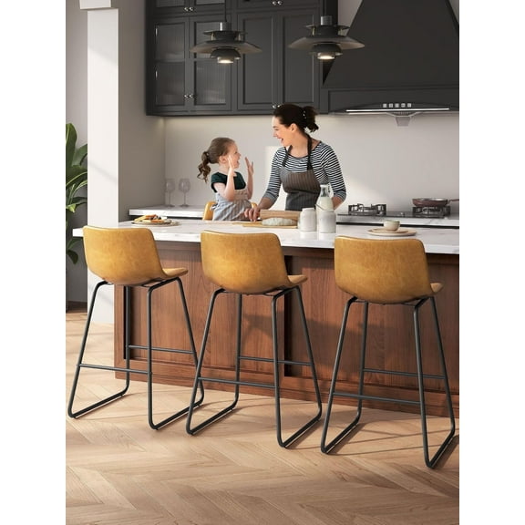 LainTene 26" Bar Stools Set of 3 – Faux Leather Counter Height Stools with Backrest & Footrest, Heavy-Duty Metal Frame for Kitchen, Bar, Living Room, Brown