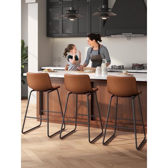 LainTene 26" Bar Stools Set of 3 – Faux Leather Counter Height Stools with Backrest & Footrest, Heavy-Duty Metal Frame for Kitchen, Bar, Living Room, Dark Brown