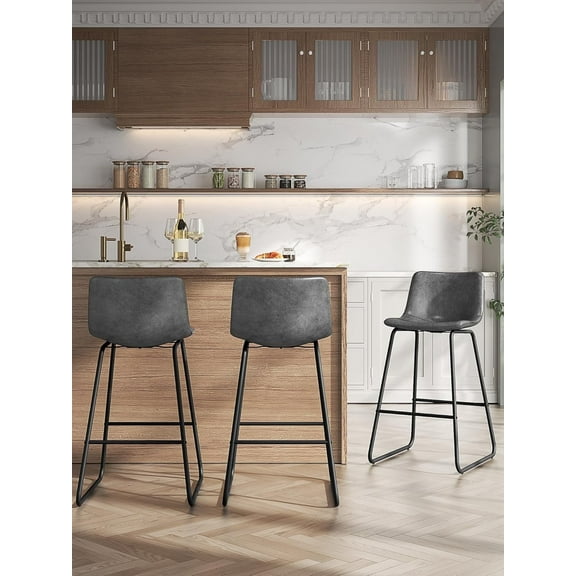 LainTene 26" Bar Stools Set of 3 – Faux Leather Counter Height Stools with Backrest & Footrest, Heavy-Duty Metal Frame for Kitchen, Bar, Living Room, Gray