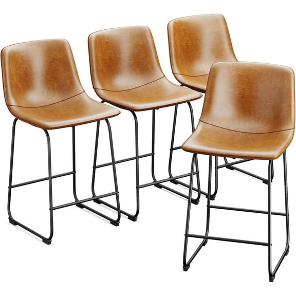 LainTene 26" PU Leather Bar Stools Set of 4 – Modern Counter Height Stools with Back, Footrest & Sturdy Metal Legs for Kitchen, Bar, Living Room, Brown