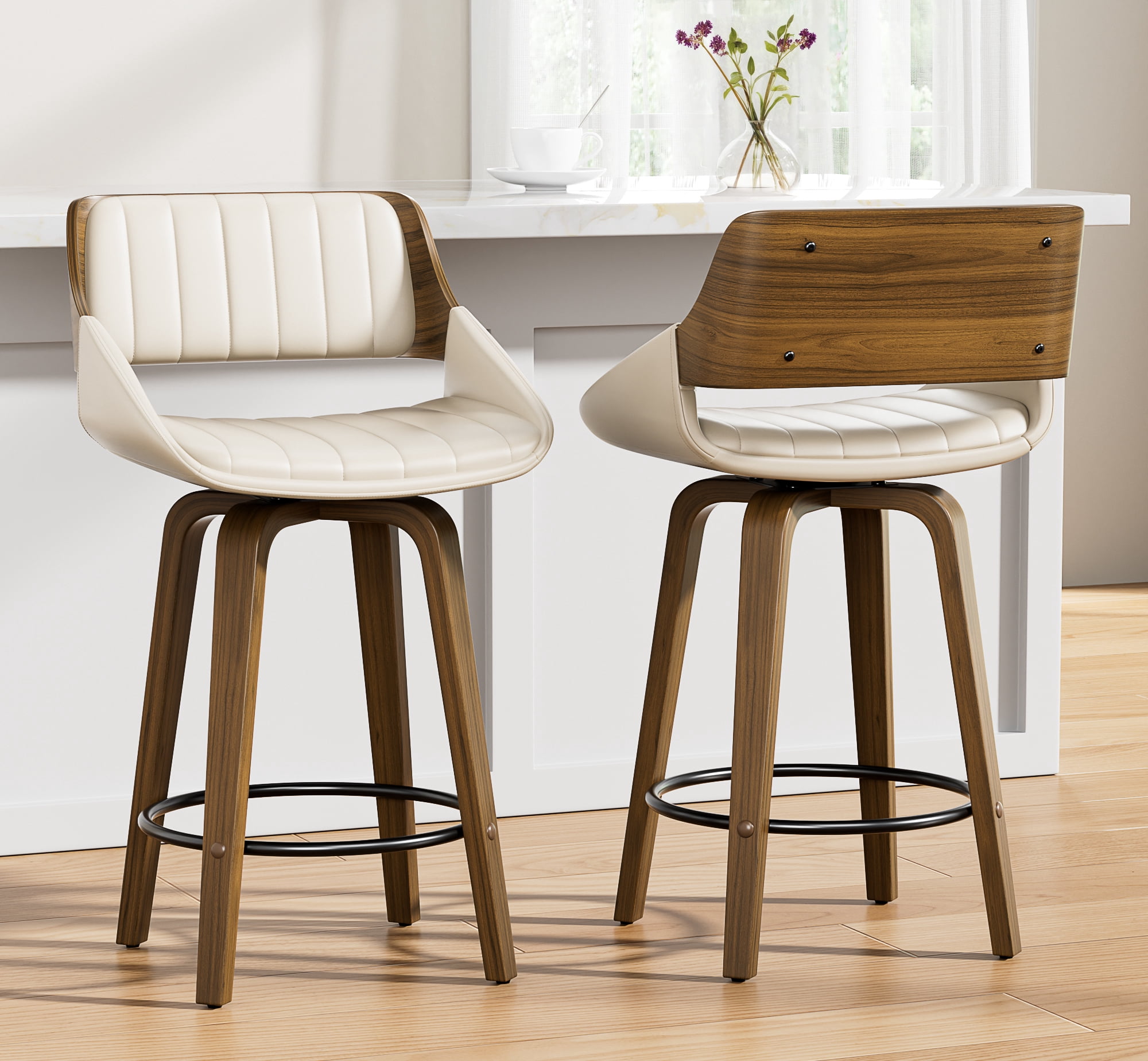 LainTene 26" Swivel Counter Height Bar Stool with Walnut Bentwood Frame, Faux Leather Seat & Footrest, Mid-Century Modern Chair for Kitchen Island, Bar, or Café (Set of 2)